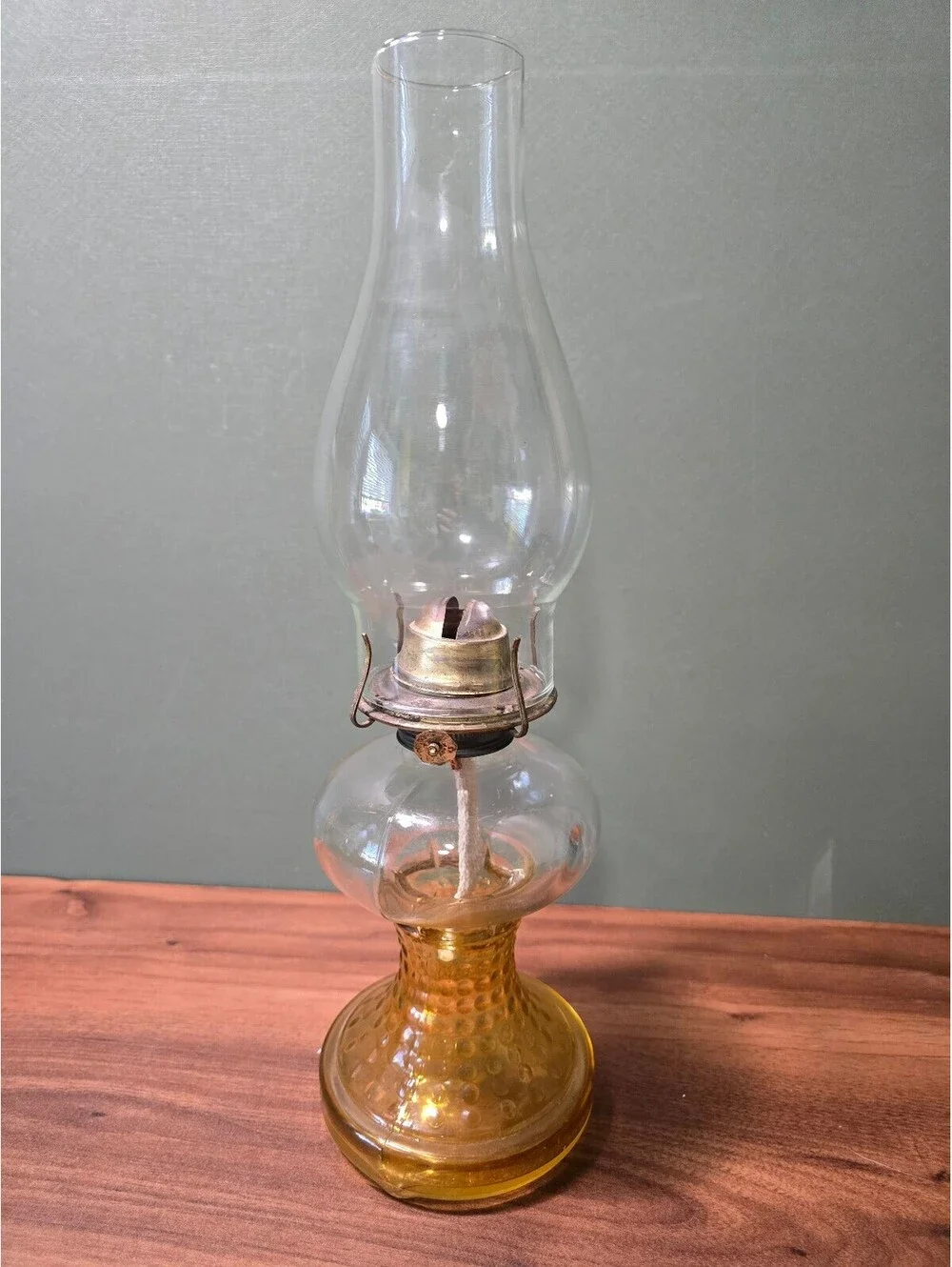 Vintage Amber Hobnail Glass Oill lamp with Clear Chimney Hurricane Light 16